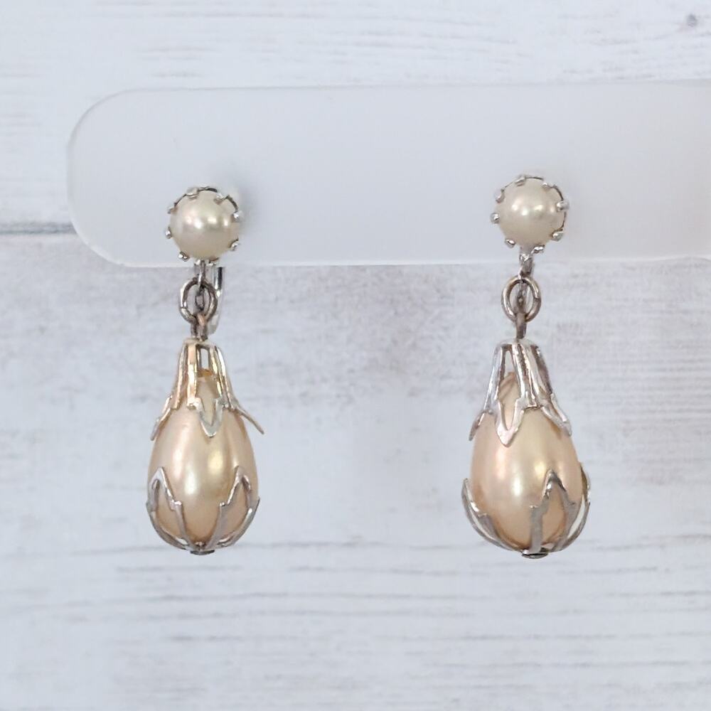 Vintage Screw On Earrings Stylish Faux Pearl Dangle